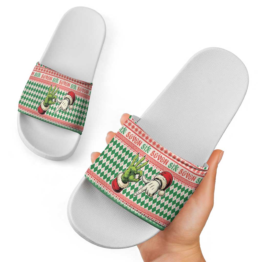Six Seven Meme Slide Sandals Funny Green Hand Christmas - Wonder Print Shop