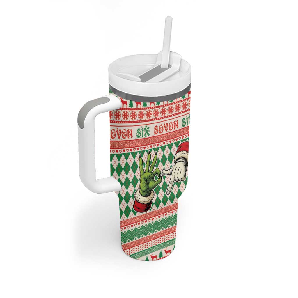 Six Seven Meme Personalized Tumbler With Handle Funny Green Hand Christmas - Wonder Print Shop
