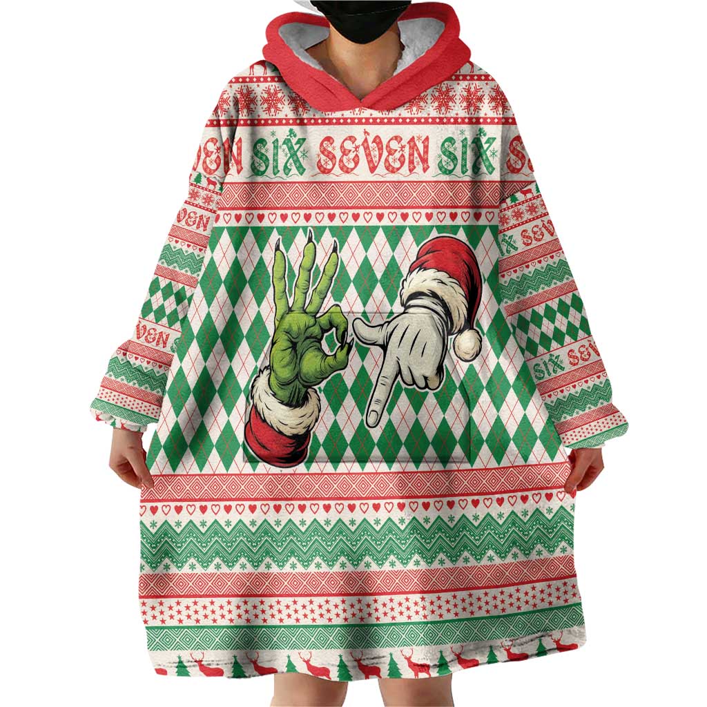 Six Seven Meme Personalized Wearable Blanket Hoodie Funny Green Hand Christmas - Wonder Print Shop