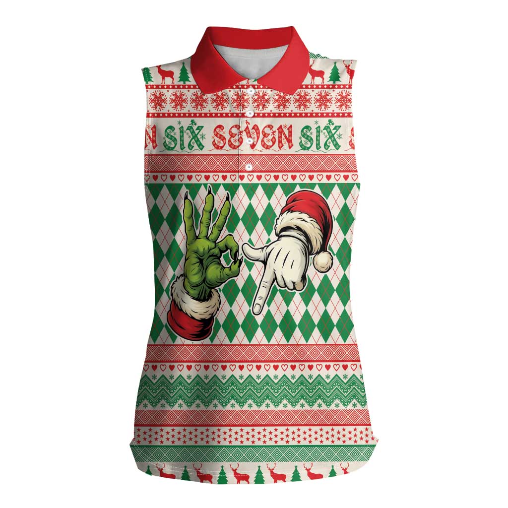 Six Seven Meme Personalized Women Sleeveless Polo Shirt Funny Green Hand Christmas - Wonder Print Shop