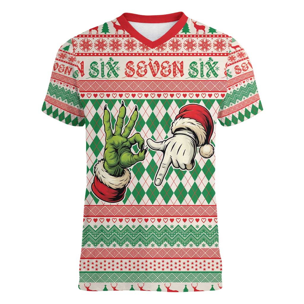 Six Seven Meme Personalized Women V-Neck T-Shirt Funny Green Hand Christmas - Wonder Print Shop