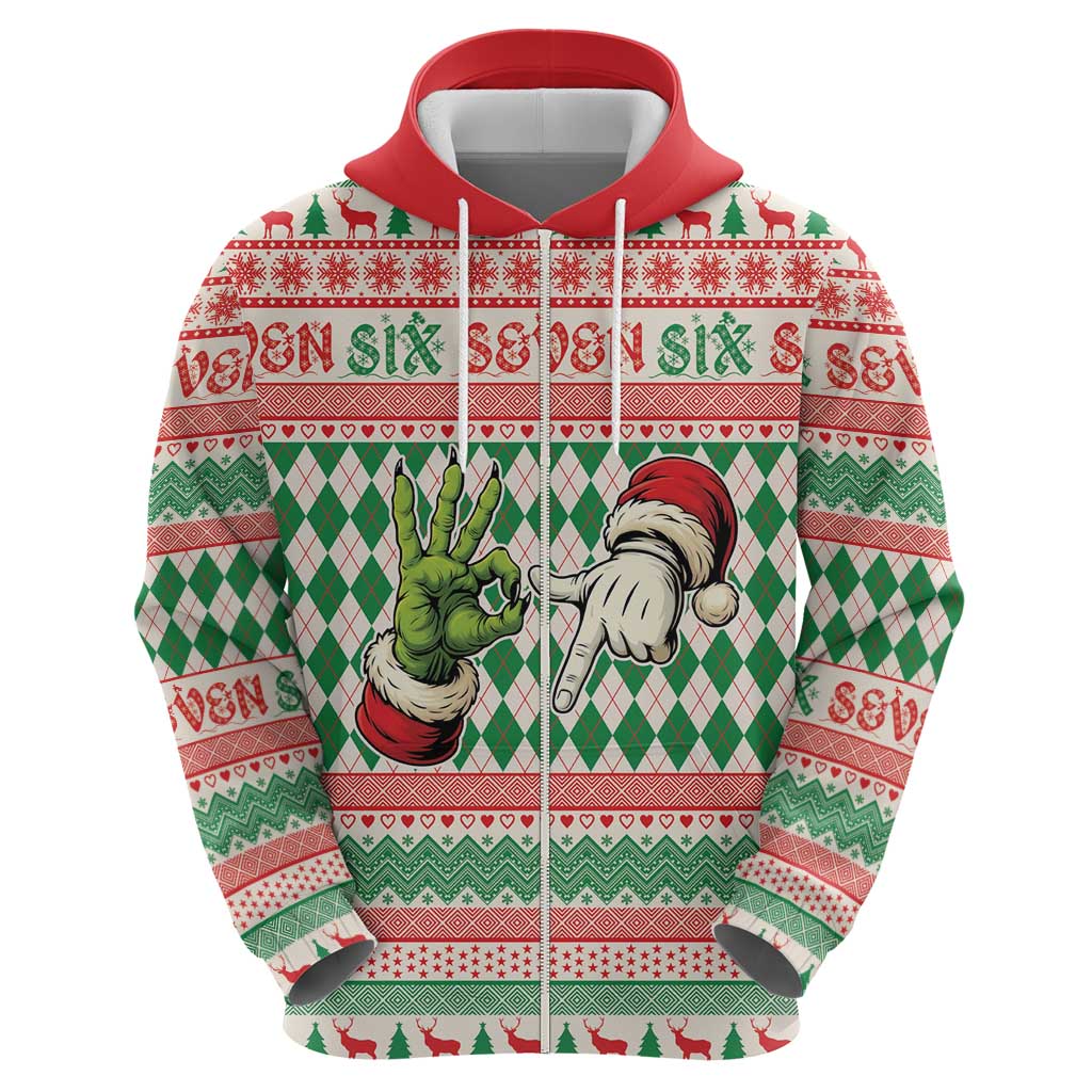 Six Seven Meme Personalized Zip Hoodie Funny Green Hand Christmas - Wonder Print Shop