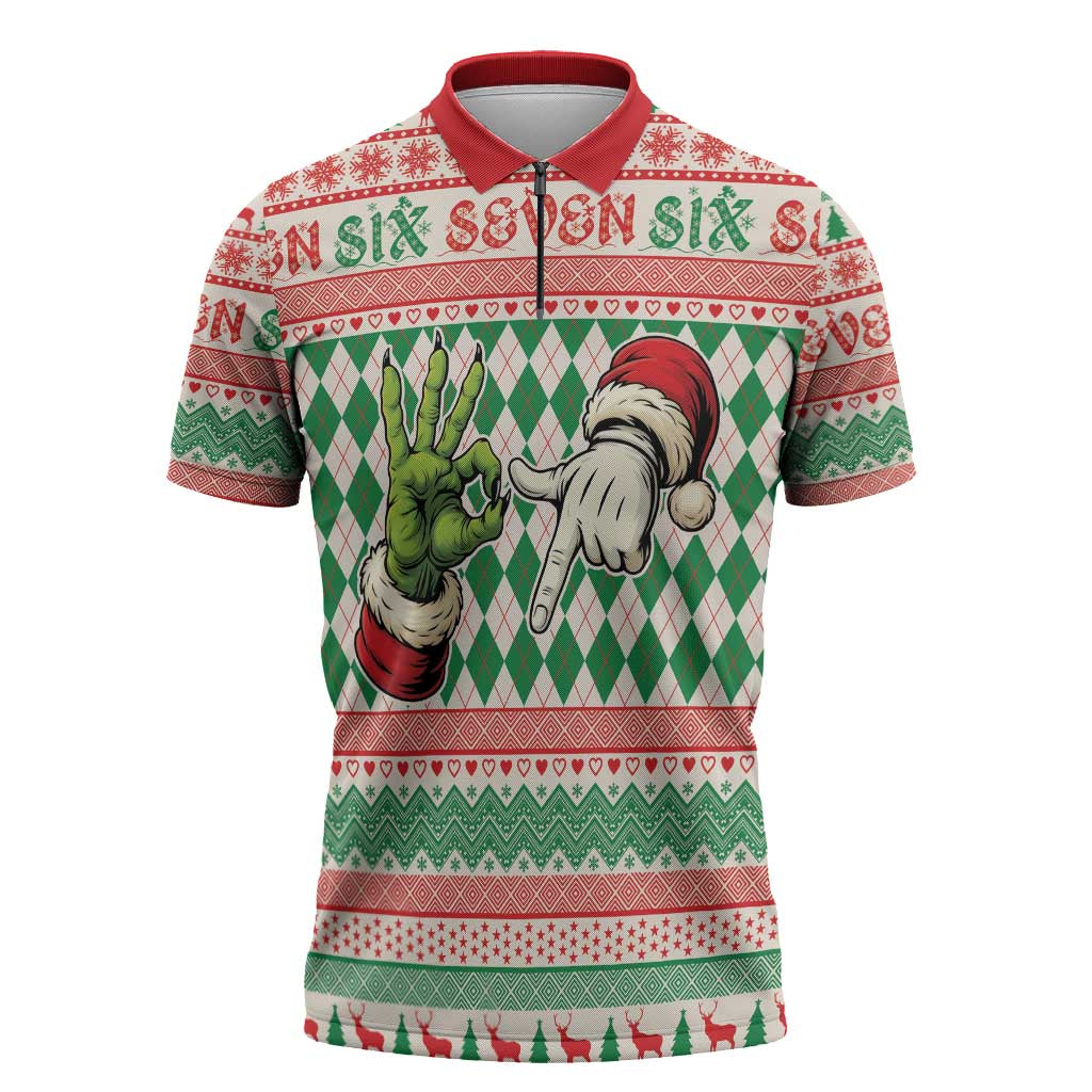 Six Seven Meme Personalized Zipper Polo Shirt Funny Green Hand Christmas - Wonder Print Shop