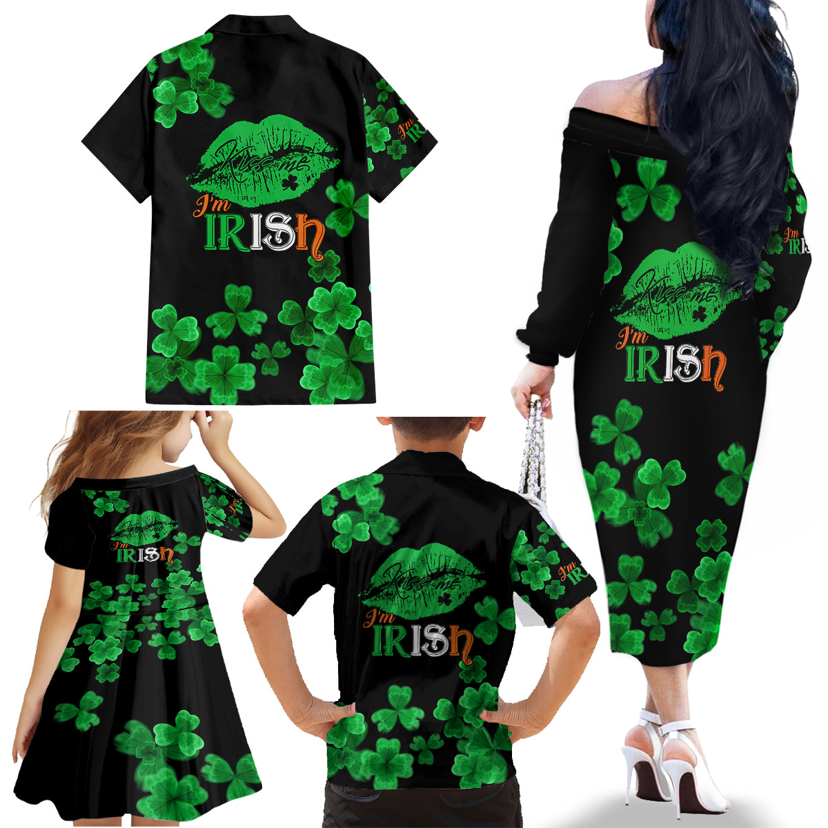 Kiss Me Im Irish St Patricks Day Family Matching Off Shoulder Long Sleeve Dress and Hawaiian Shirt - Wonder Print Shop