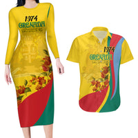 Grenada Independence Day Couples Matching Long Sleeve Bodycon Dress and Hawaiian Shirt Bougainvillea Flowers Flag Style LT9 - Wonder Print Shop