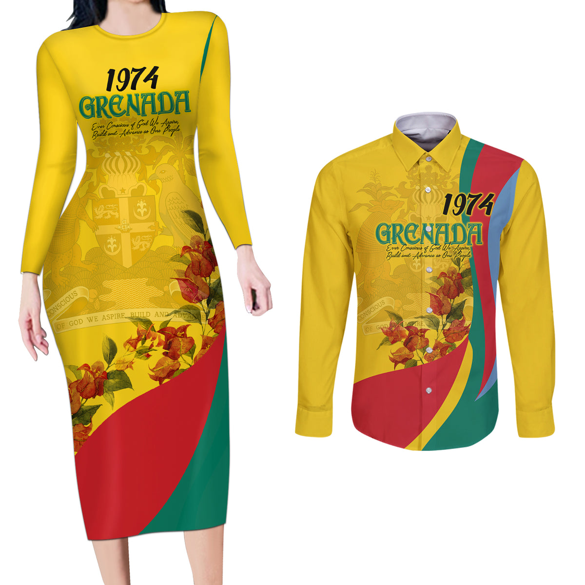 Grenada Independence Day Couples Matching Long Sleeve Bodycon Dress and Long Sleeve Button Shirt Bougainvillea Flowers Flag Style LT9 - Wonder Print Shop