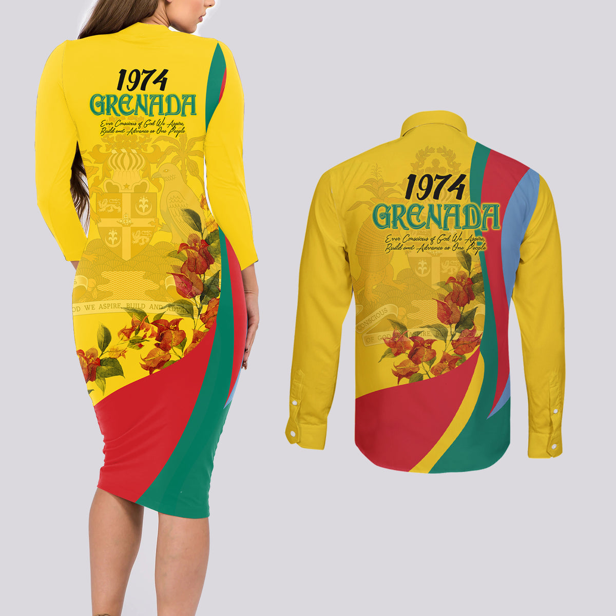 Grenada Independence Day Couples Matching Long Sleeve Bodycon Dress and Long Sleeve Button Shirt Bougainvillea Flowers Flag Style LT9 - Wonder Print Shop