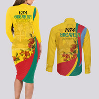 Grenada Independence Day Couples Matching Long Sleeve Bodycon Dress and Long Sleeve Button Shirt Bougainvillea Flowers Flag Style LT9 - Wonder Print Shop