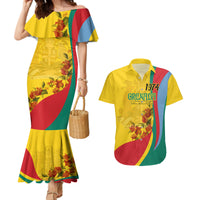Grenada Independence Day Couples Matching Mermaid Dress and Hawaiian Shirt Bougainvillea Flowers Flag Style LT9 - Wonder Print Shop