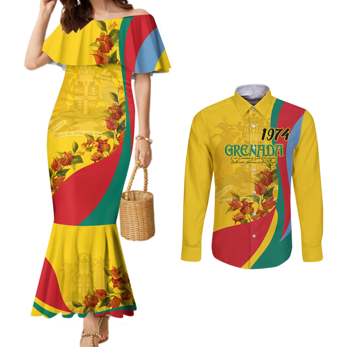 grenada-independence-day-couples-matching-mermaid-dress-and-long-sleeve-button-shirt-bougainvillea-flowers-flag-style