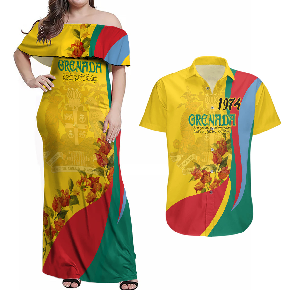 Grenada Independence Day Couples Matching Off Shoulder Maxi Dress and Hawaiian Shirt Bougainvillea Flowers Flag Style LT9 - Wonder Print Shop