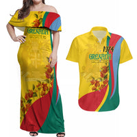 Grenada Independence Day Couples Matching Off Shoulder Maxi Dress and Hawaiian Shirt Bougainvillea Flowers Flag Style LT9 - Wonder Print Shop