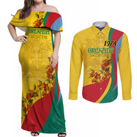 Grenada Independence Day Couples Matching Off Shoulder Maxi Dress and Long Sleeve Button Shirt Bougainvillea Flowers Flag Style LT9 - Wonder Print Shop