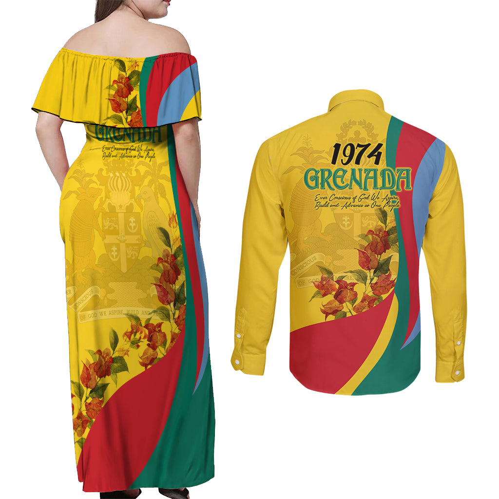 Grenada Independence Day Couples Matching Off Shoulder Maxi Dress and Long Sleeve Button Shirt Bougainvillea Flowers Flag Style LT9 - Wonder Print Shop
