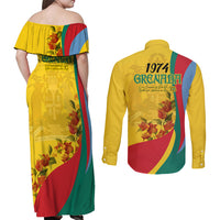 Grenada Independence Day Couples Matching Off Shoulder Maxi Dress and Long Sleeve Button Shirt Bougainvillea Flowers Flag Style LT9 - Wonder Print Shop