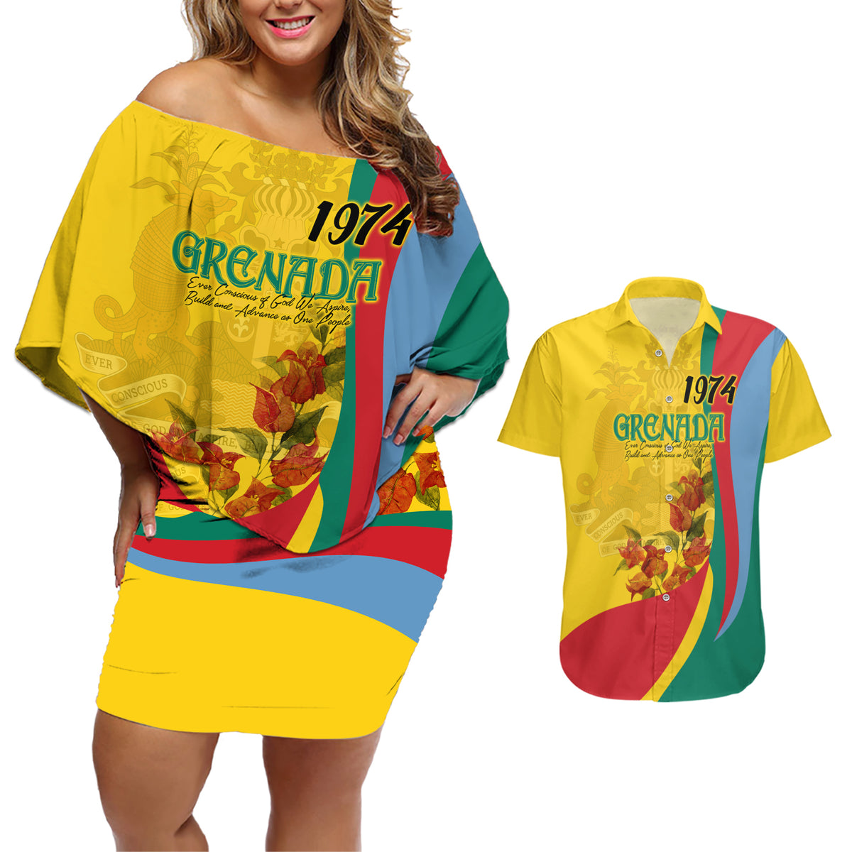 Grenada Independence Day Couples Matching Off Shoulder Short Dress and Hawaiian Shirt Bougainvillea Flowers Flag Style LT9 - Wonder Print Shop
