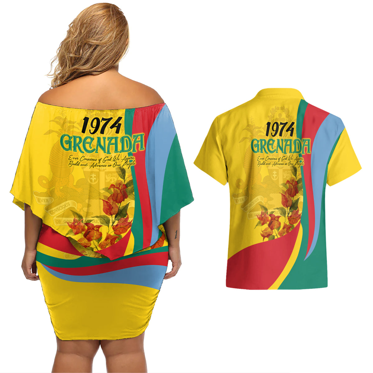 Grenada Independence Day Couples Matching Off Shoulder Short Dress and Hawaiian Shirt Bougainvillea Flowers Flag Style LT9 - Wonder Print Shop