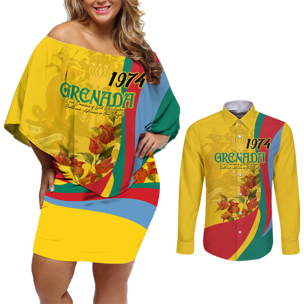 Grenada Independence Day Couples Matching Off Shoulder Short Dress and Long Sleeve Button Shirt Bougainvillea Flowers Flag Style LT9 - Wonder Print Shop