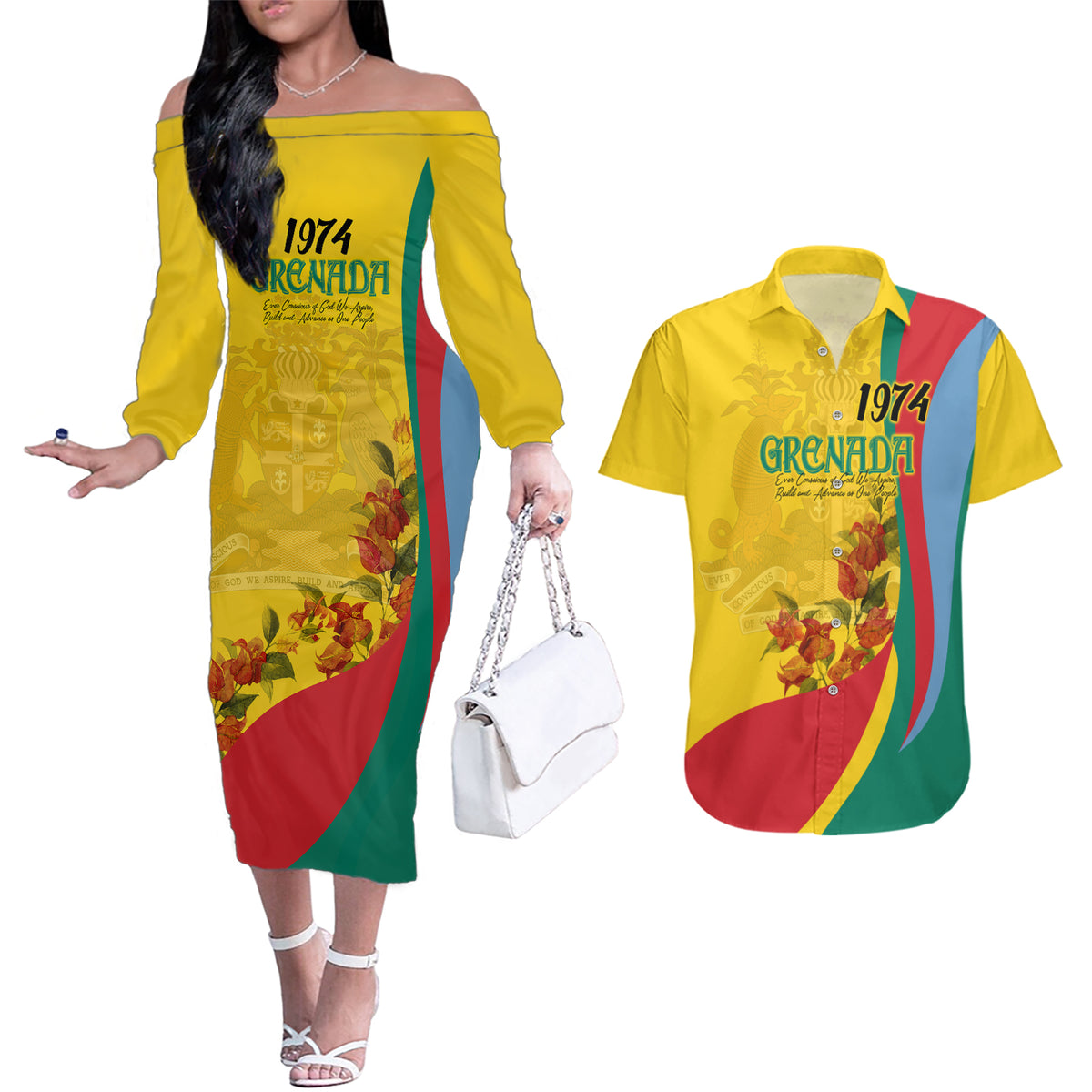 Grenada Independence Day Couples Matching Off The Shoulder Long Sleeve Dress and Hawaiian Shirt Bougainvillea Flowers Flag Style LT9 - Wonder Print Shop