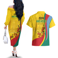 Grenada Independence Day Couples Matching Off The Shoulder Long Sleeve Dress and Hawaiian Shirt Bougainvillea Flowers Flag Style LT9 - Wonder Print Shop
