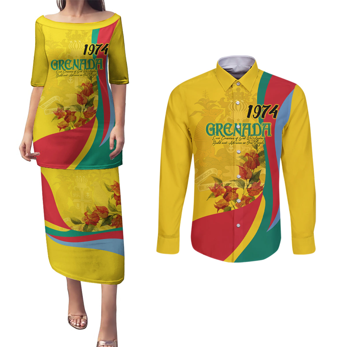 Grenada Independence Day Couples Matching Puletasi and Long Sleeve Button Shirt Bougainvillea Flowers Flag Style LT9 - Wonder Print Shop