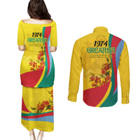 Grenada Independence Day Couples Matching Puletasi and Long Sleeve Button Shirt Bougainvillea Flowers Flag Style LT9 - Wonder Print Shop
