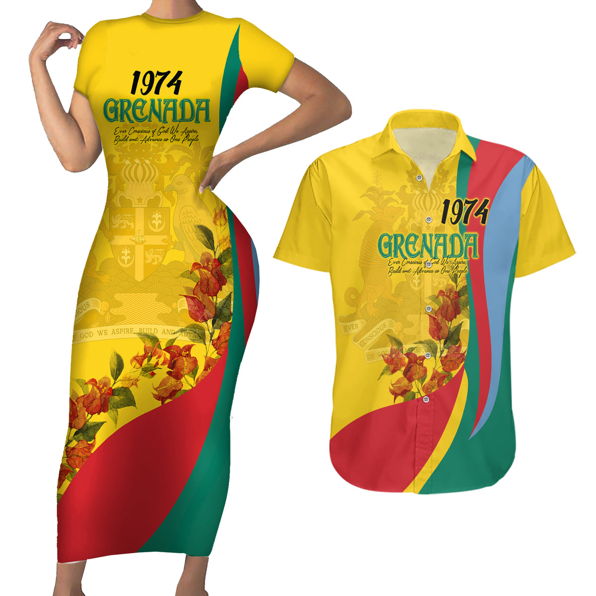 Grenada Independence Day Couples Matching Short Sleeve Bodycon Dress and Hawaiian Shirt Bougainvillea Flowers Flag Style LT9 - Wonder Print Shop