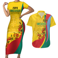 Grenada Independence Day Couples Matching Short Sleeve Bodycon Dress and Hawaiian Shirt Bougainvillea Flowers Flag Style LT9 - Wonder Print Shop