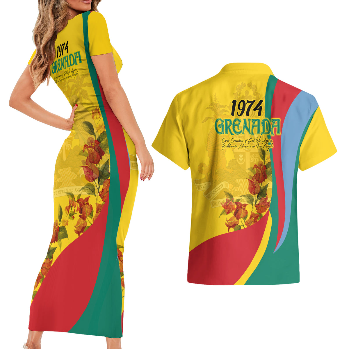 Grenada Independence Day Couples Matching Short Sleeve Bodycon Dress and Hawaiian Shirt Bougainvillea Flowers Flag Style LT9 - Wonder Print Shop