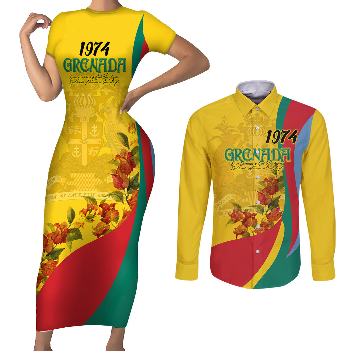 Grenada Independence Day Couples Matching Short Sleeve Bodycon Dress and Long Sleeve Button Shirt Bougainvillea Flowers Flag Style LT9 - Wonder Print Shop