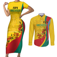 Grenada Independence Day Couples Matching Short Sleeve Bodycon Dress and Long Sleeve Button Shirt Bougainvillea Flowers Flag Style LT9 - Wonder Print Shop