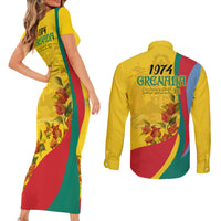 Grenada Independence Day Couples Matching Short Sleeve Bodycon Dress and Long Sleeve Button Shirt Bougainvillea Flowers Flag Style LT9 - Wonder Print Shop