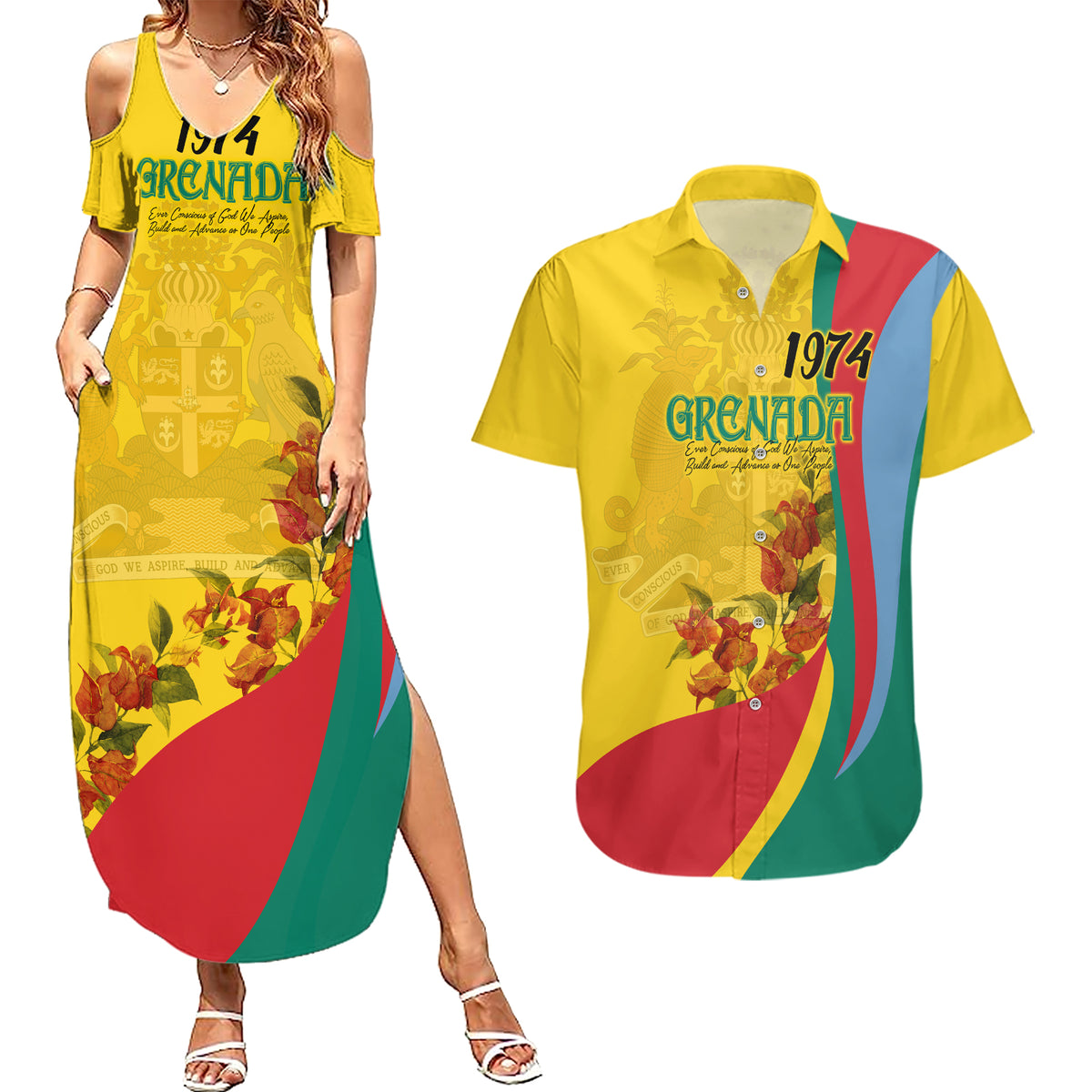 Grenada Independence Day Couples Matching Summer Maxi Dress and Hawaiian Shirt Bougainvillea Flowers Flag Style LT9 - Wonder Print Shop