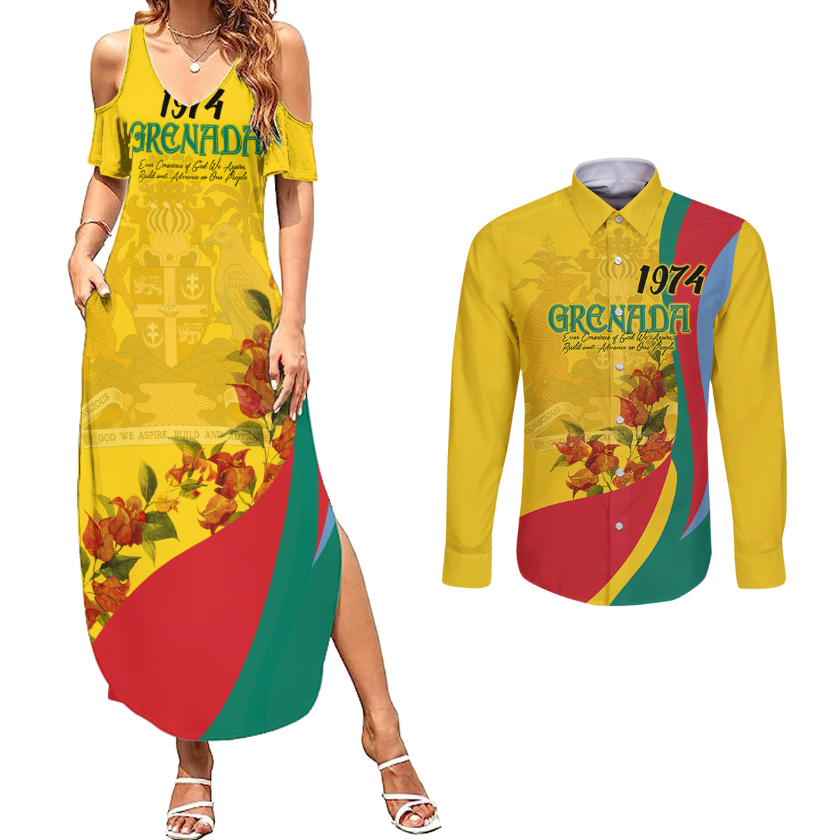 Grenada Independence Day Couples Matching Summer Maxi Dress and Long Sleeve Button Shirt Bougainvillea Flowers Flag Style LT9 - Wonder Print Shop