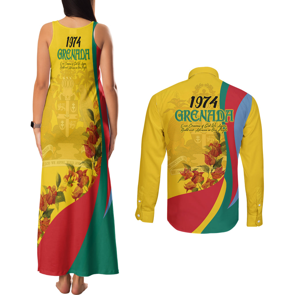 Grenada Independence Day Couples Matching Tank Maxi Dress and Long Sleeve Button Shirt Bougainvillea Flowers Flag Style LT9 - Wonder Print Shop