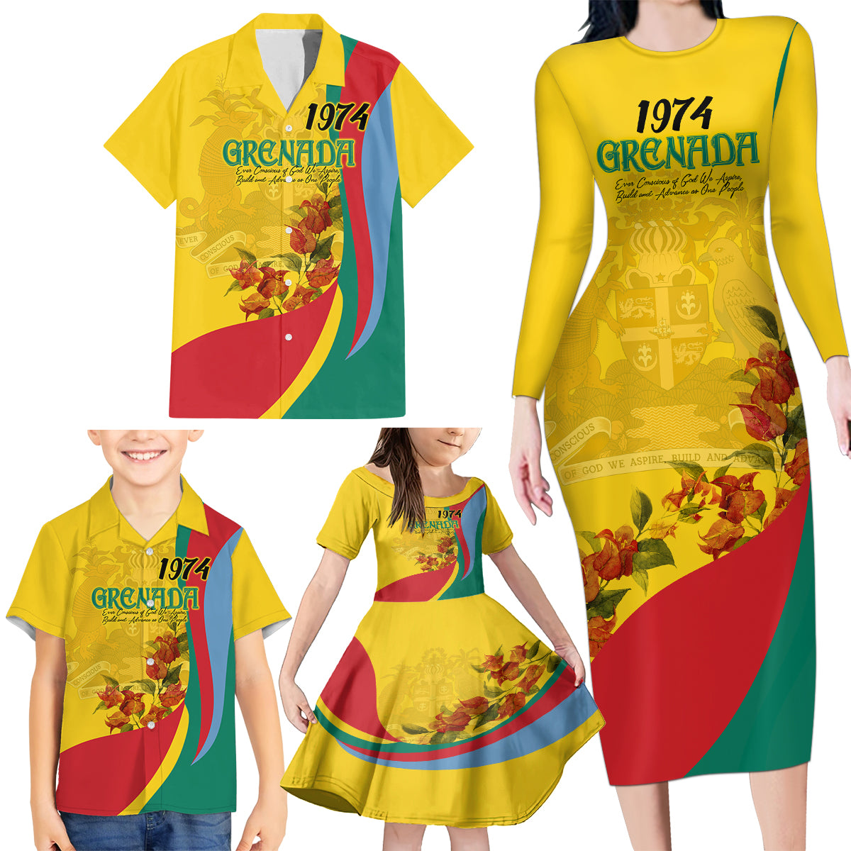 Grenada Independence Day Family Matching Long Sleeve Bodycon Dress and Hawaiian Shirt Bougainvillea Flowers Flag Style LT9 - Wonder Print Shop