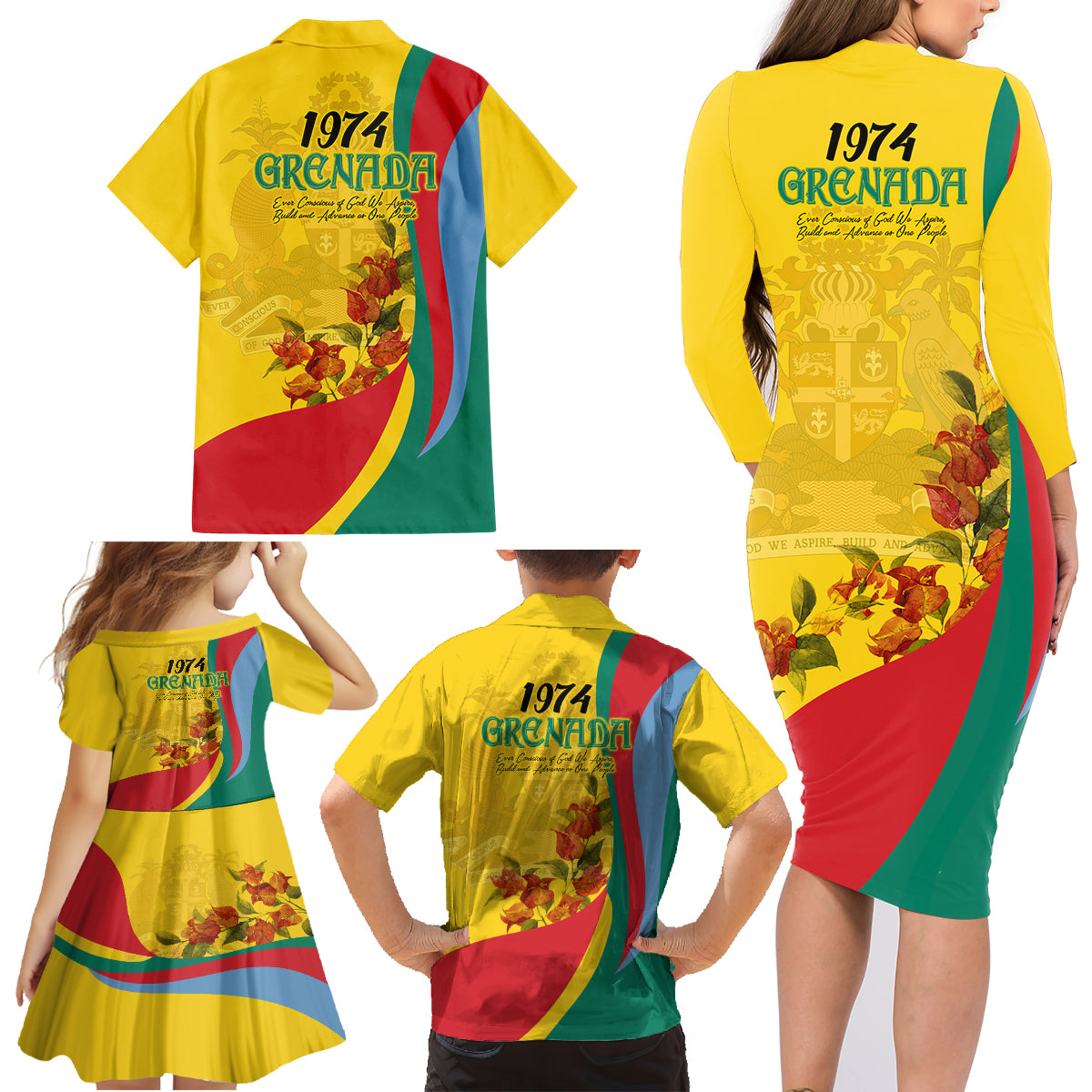 Grenada Independence Day Family Matching Long Sleeve Bodycon Dress and Hawaiian Shirt Bougainvillea Flowers Flag Style LT9 - Wonder Print Shop