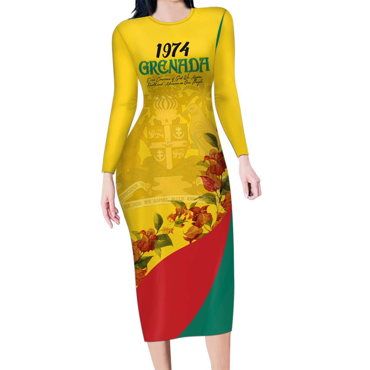 Grenada Independence Day Family Matching Long Sleeve Bodycon Dress and Hawaiian Shirt Bougainvillea Flowers Flag Style LT9 - Wonder Print Shop
