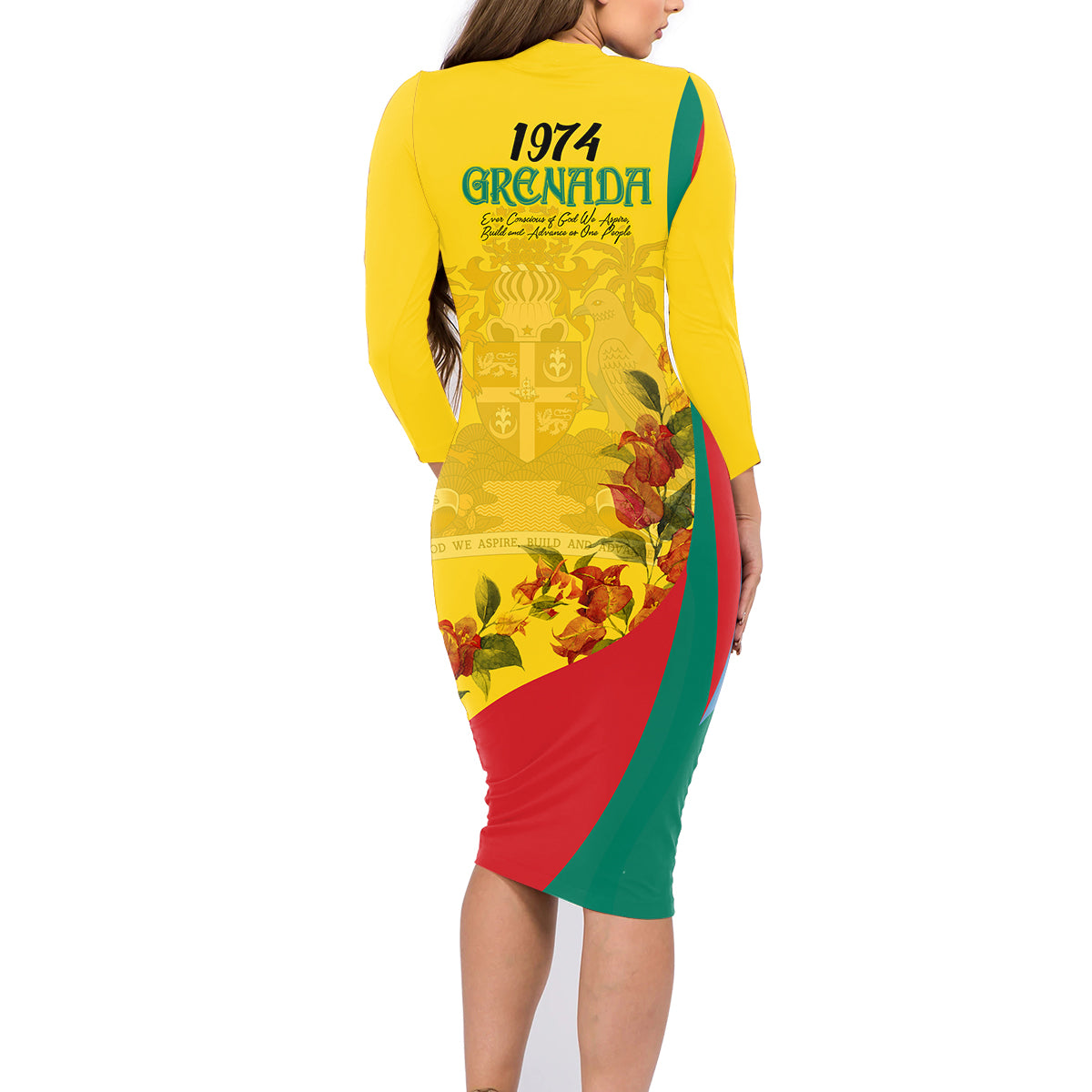 Grenada Independence Day Family Matching Long Sleeve Bodycon Dress and Hawaiian Shirt Bougainvillea Flowers Flag Style LT9 - Wonder Print Shop