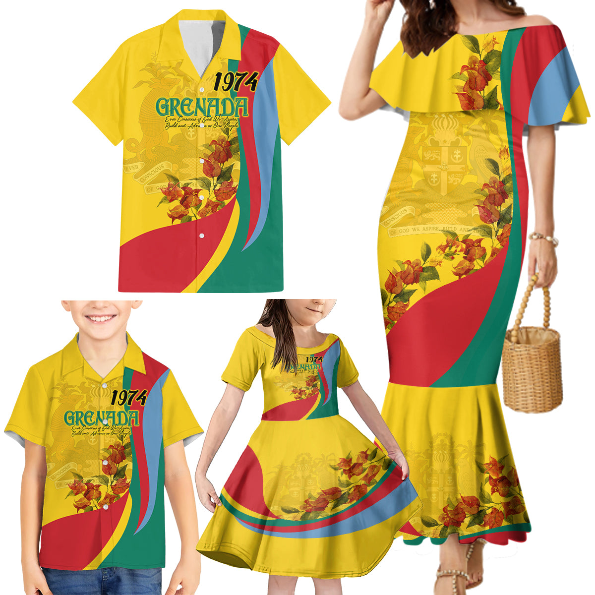 Grenada Independence Day Family Matching Mermaid Dress and Hawaiian Shirt Bougainvillea Flowers Flag Style LT9 - Wonder Print Shop