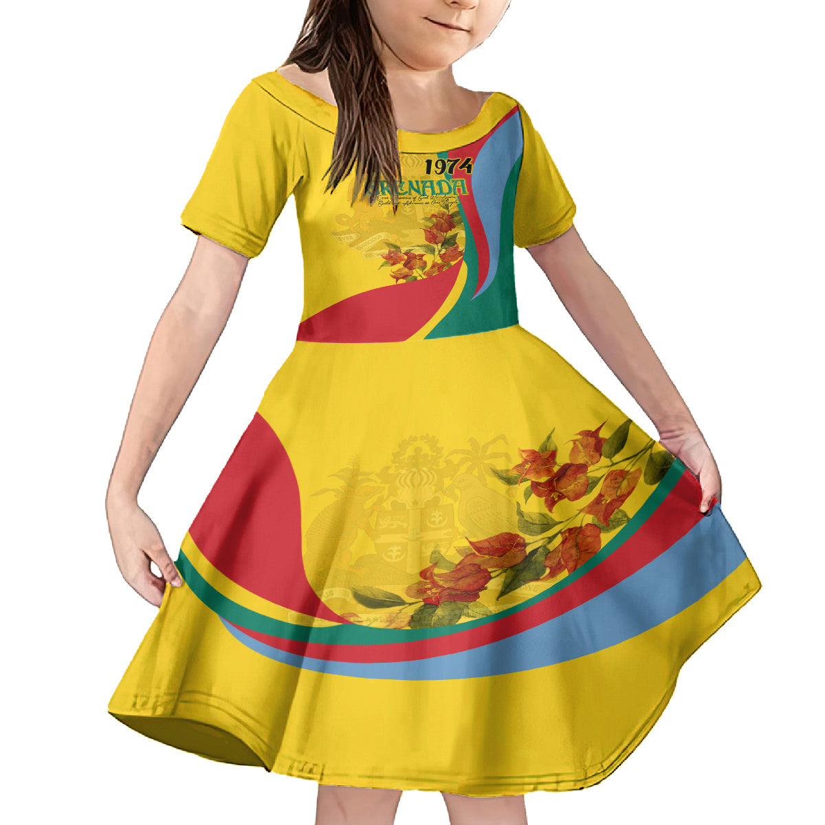 Grenada Independence Day Family Matching Off Shoulder Long Sleeve Dress and Hawaiian Shirt Bougainvillea Flowers Flag Style - Wonder Print Shop