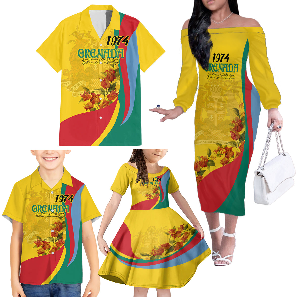 Grenada Independence Day Family Matching Off Shoulder Long Sleeve Dress and Hawaiian Shirt Bougainvillea Flowers Flag Style - Wonder Print Shop