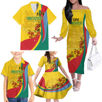 Grenada Independence Day Family Matching Off Shoulder Long Sleeve Dress and Hawaiian Shirt Bougainvillea Flowers Flag Style - Wonder Print Shop