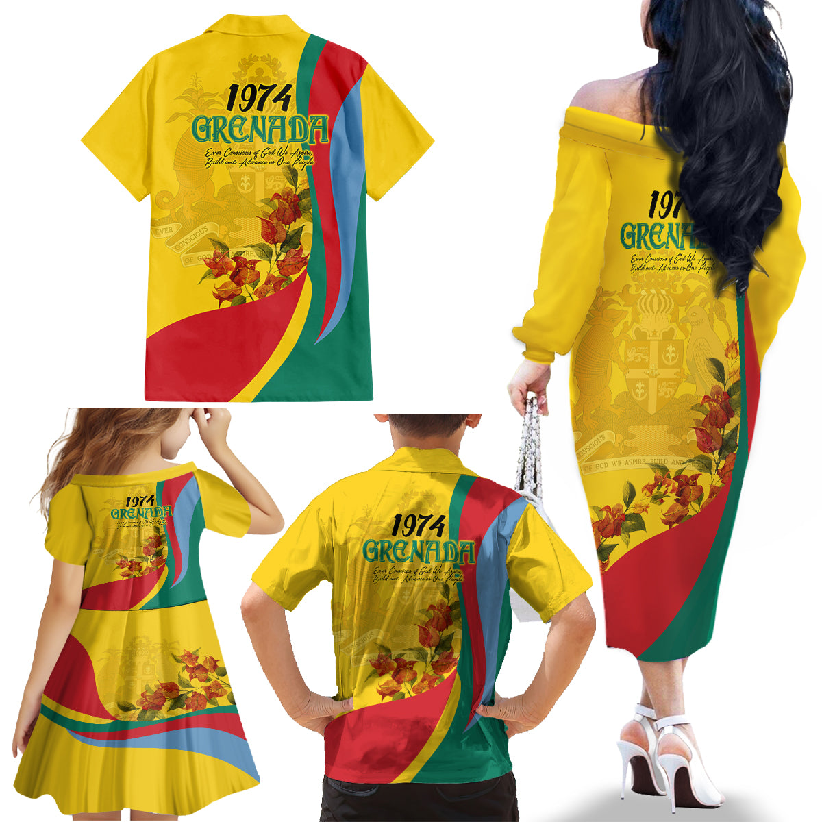 Grenada Independence Day Family Matching Off Shoulder Long Sleeve Dress and Hawaiian Shirt Bougainvillea Flowers Flag Style - Wonder Print Shop