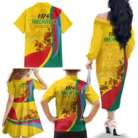 Grenada Independence Day Family Matching Off Shoulder Long Sleeve Dress and Hawaiian Shirt Bougainvillea Flowers Flag Style - Wonder Print Shop
