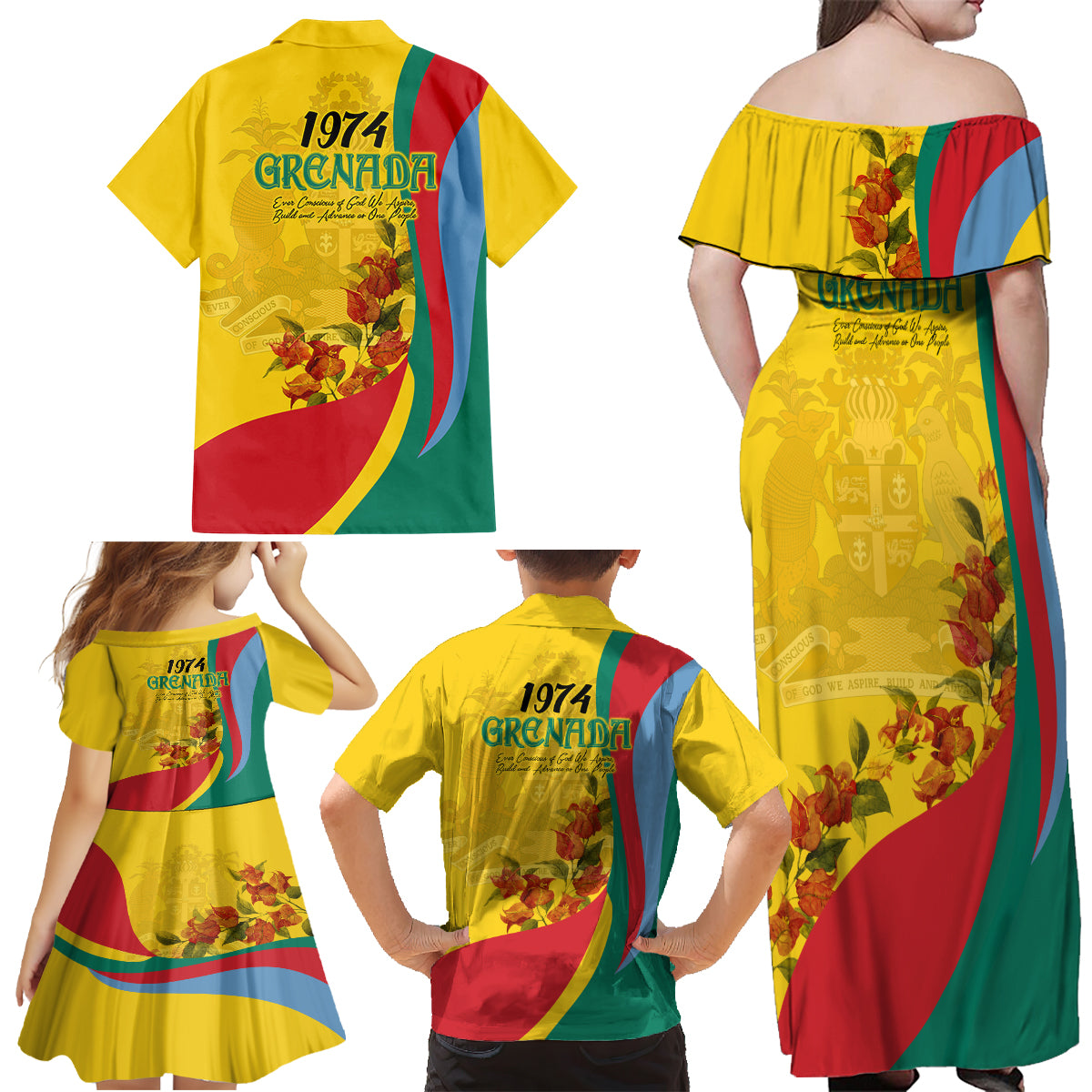 Grenada Independence Day Family Matching Off Shoulder Maxi Dress and Hawaiian Shirt Bougainvillea Flowers Flag Style LT9 - Wonder Print Shop