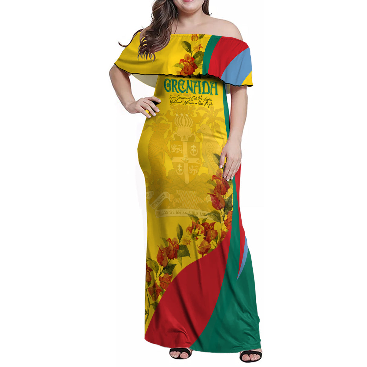 Grenada Independence Day Family Matching Off Shoulder Maxi Dress and Hawaiian Shirt Bougainvillea Flowers Flag Style LT9 - Wonder Print Shop
