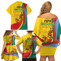Grenada Independence Day Family Matching Off Shoulder Short Dress and Hawaiian Shirt Bougainvillea Flowers Flag Style LT9 - Wonder Print Shop