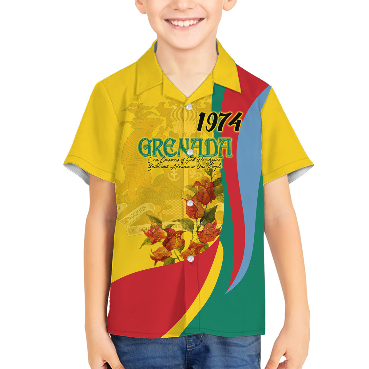 Grenada Independence Day Family Matching Off Shoulder Short Dress and Hawaiian Shirt Bougainvillea Flowers Flag Style LT9 - Wonder Print Shop