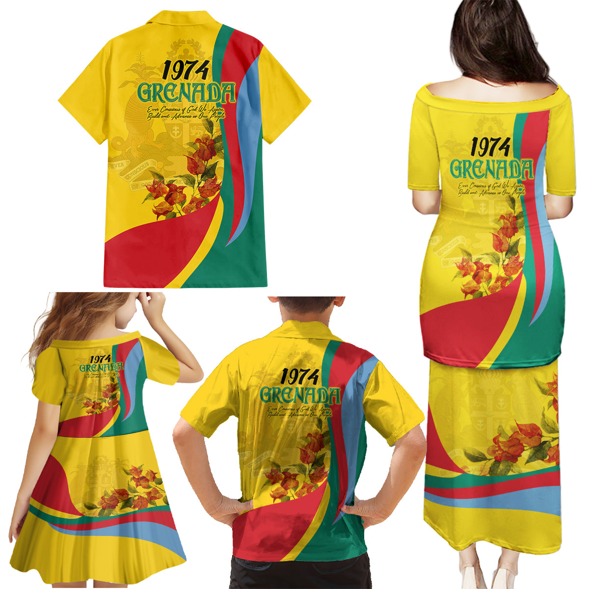 Grenada Independence Day Family Matching Puletasi and Hawaiian Shirt Bougainvillea Flowers Flag Style - Wonder Print Shop